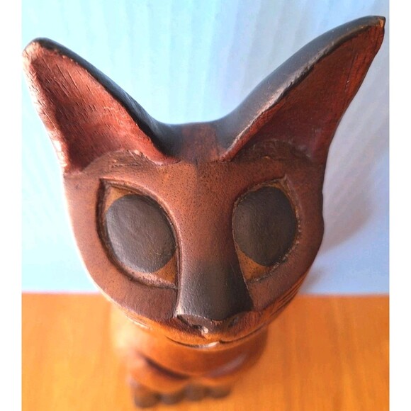 Vtg MCM Carved Wood Cat Figure Statue Sculpture Figurine 15" Made In Thailand - Picture 8 of 10